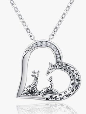925 Sterling Silver Giraffe Mom & Baby Family Love Necklace Pendant